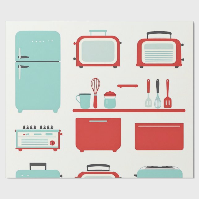 Retro köksapparater Mönster Presentpapper (Platt)