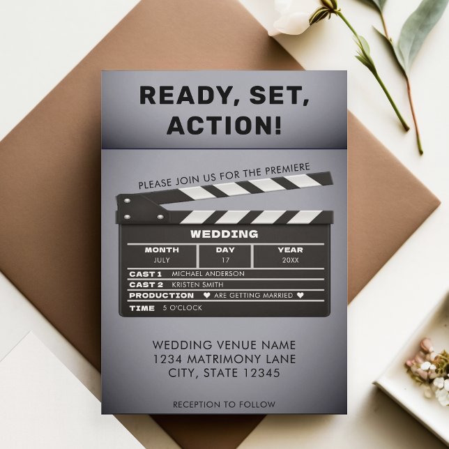 Retro kommer snart, filmklippsskivan Bröllop Inbjudningar (Retro Coming Soon Movie Film Clap Board Wedding Invitation)