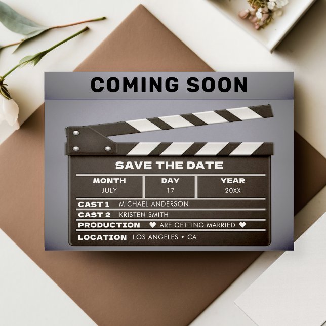 Retro kommer snart, filmklippsskivan Bröllop Spara Datumet (Retro Coming Soon Movie Film Clap Board Wedding Save The Date)