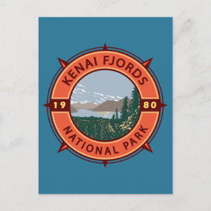 Retro kompassemblem för Kenai Fjords National Park Vykort