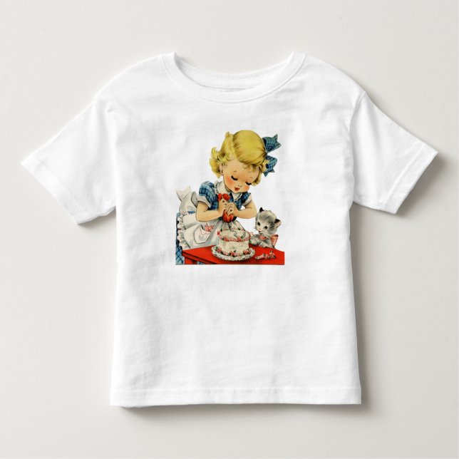 Retro konstverk för katt för födelsedagflickatårta t shirt (Framsida)