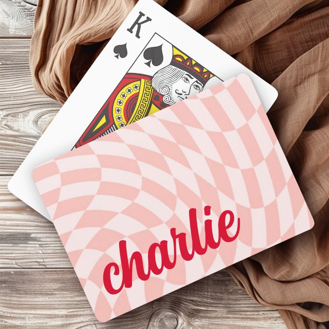 Retro-kontrollpanelsvirvla ljus  rosa röd casinokort (Retro checkerboard swirl wave light blush pink red playing cards)