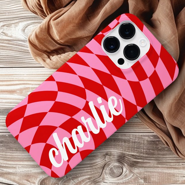 Retro-kontrollpanelsvirvla rosa röd (Retro checkerboard swirl wave pink red Case-Mate iPhone case)
