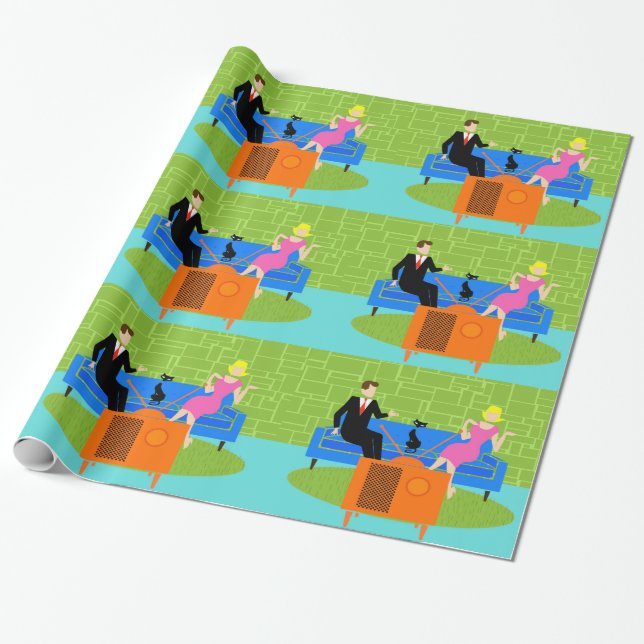 Retro koppla ihop med katten som slår in papper presentpapper (Utrullad)