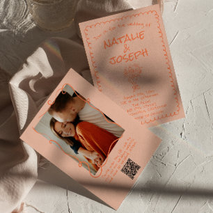 Retro korall ritad sällsam foto QR-kod rolig bröll Inbjudningar