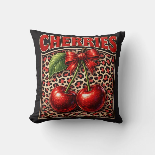 Retro Körsbär Coquette Trendig Båge Design på Leop Kudde (Framsida)