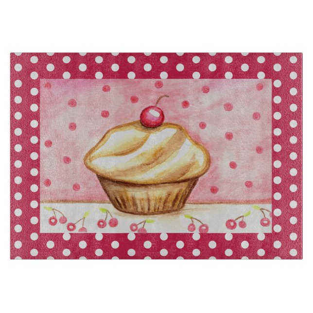 Retro Körsbär Cupcake Köks Skärbräda Present (Framsidan)