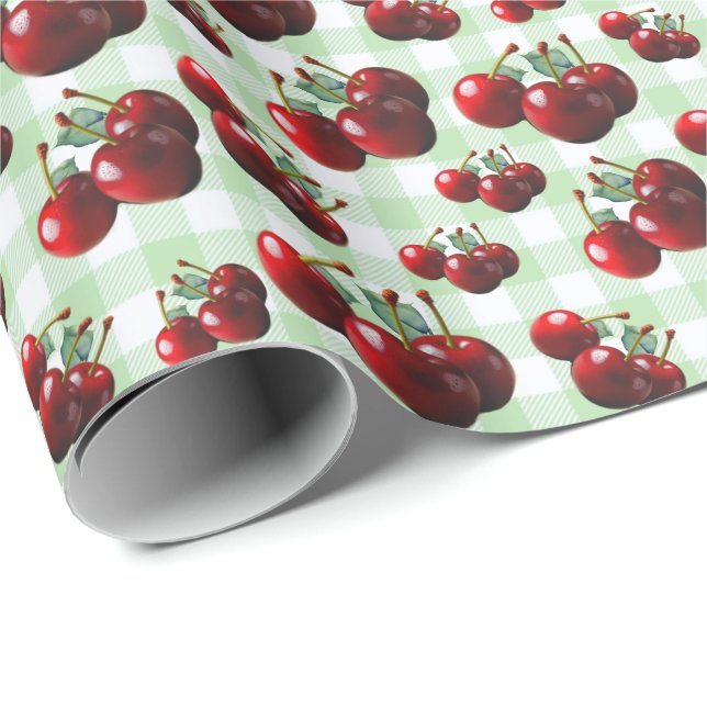 Retro Körsbär färska plockade grön gingham Presentpapper (Rullad Hörn)