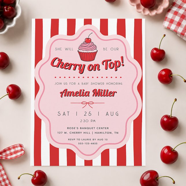 Retro Körsbär På Toppen Baby Shower Randig Inbjudningar (Retro Cherry on Top Baby Shower Striped Invitation)