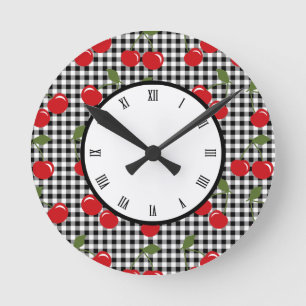 Retro körsbärsröd Gingham Rund Klocka