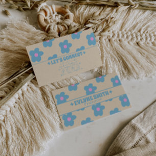 Retro kräm blå groovy blommig boho unik 70-tal visitkort