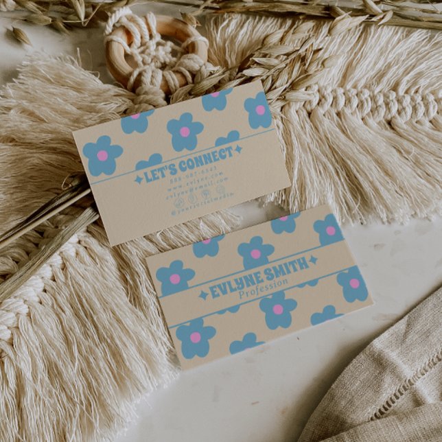 Retro kräm blå groovy blommig boho unik 70-tal visitkort (Skapare uppladdad)