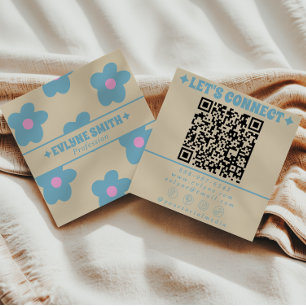 Retro krämblå QR-kod Groovy Blommig Rolig Boho Fyrkantigt Visitkort