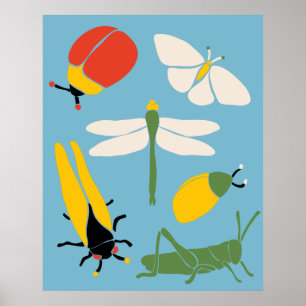 Retro Kryp Insektra illustrationer ljusblå Poster