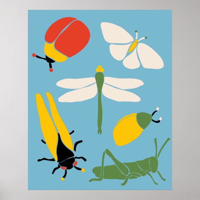 Retro Kryp Insektra illustrationer ljusblå Poster (Framsidan)