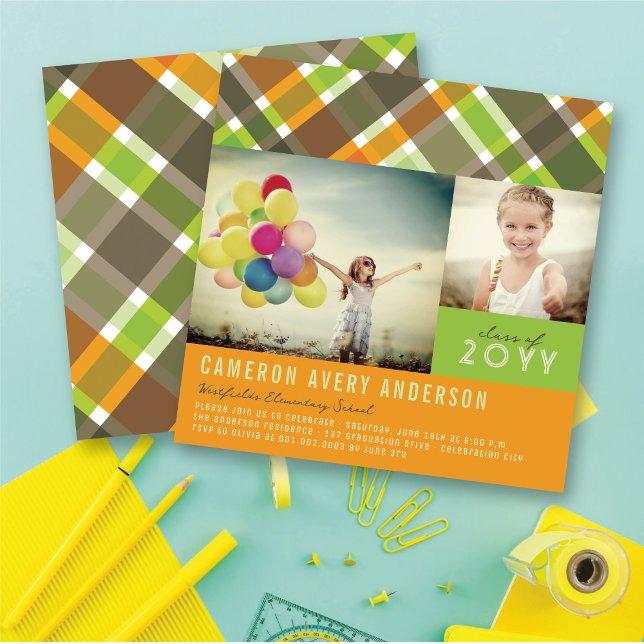 Retro Kryssrutig Modern 2 Foto Examenstårtfest Inbjudningar (Preppy Orange, Green & Grey Checks Pattern Modern 2 Photo Graduation Party Invitation @ fatfatin)