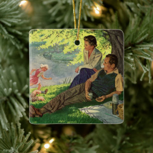 Retro kul familjepicknick under ett skuggigt träd julgransprydnad keramik
