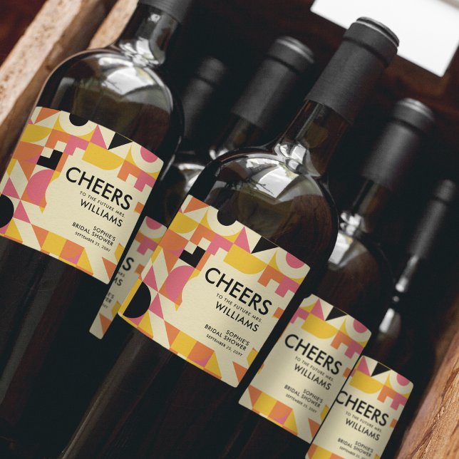 Retro Kul Rosa Orange Gul Djärv Bröllopsfest Vinflaska Etikett (Skapare uppladdad)