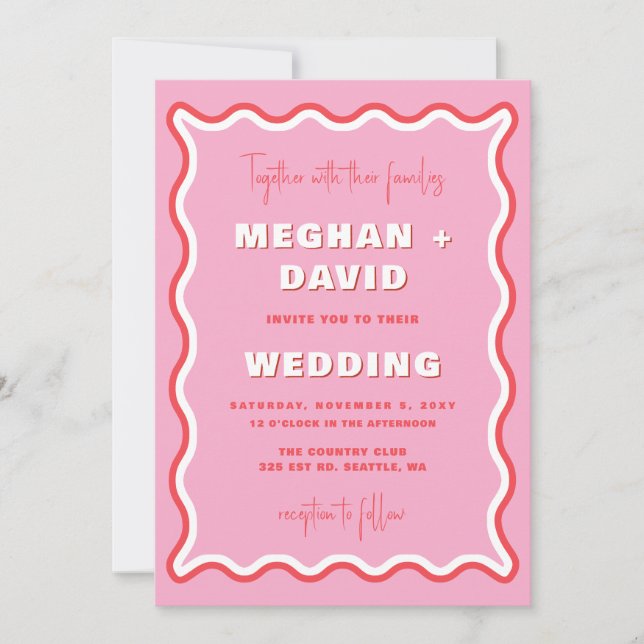 Retro kurvig slingrande vågig rosa röd foto bröllo inbjudningar (Framsida)