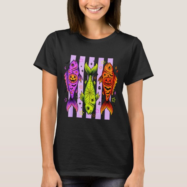 Retro kuslig fisk halloween pumpa fiskare fiske t shirt (Framsida)