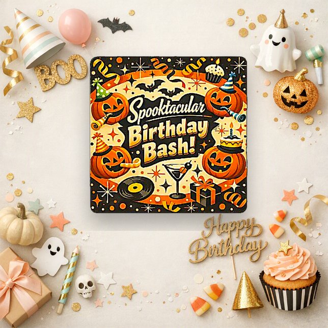 Retro kuslig orange svart Halloween födelsedagsfes Kort (Skapare uppladdad)