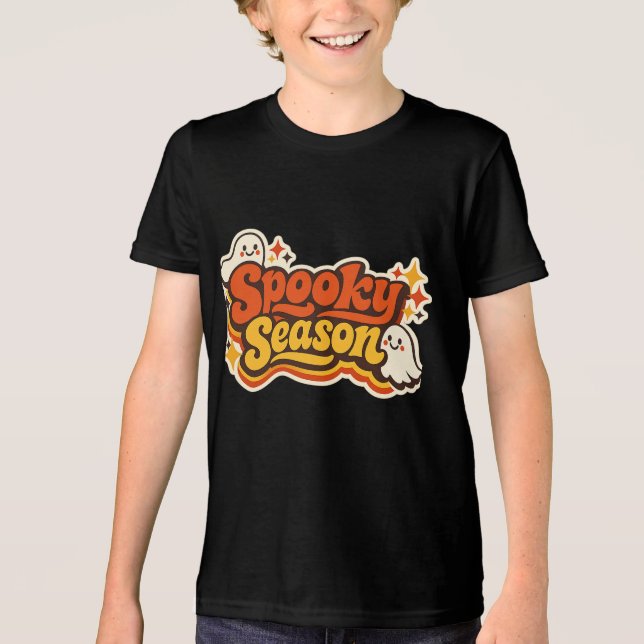 Retro kuslig säsong spök Halloween-logotyp T Shirt (Framsida)