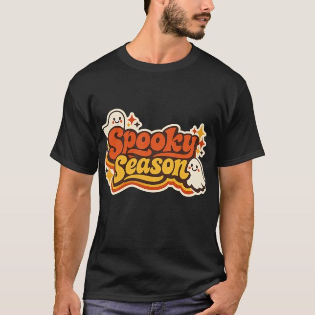 Retro kuslig säsong spöke Halloween-logotyp T Shirt (Framsida)