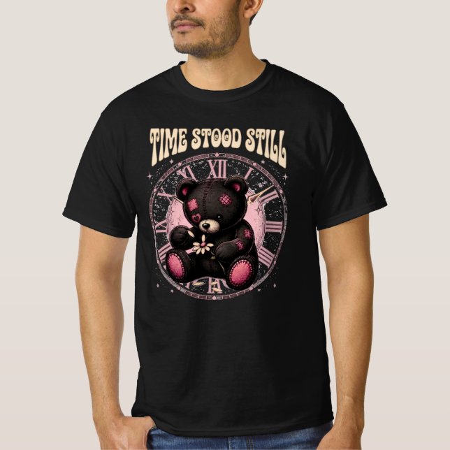 Retro kusligt sött teddybjörn vintage klocka grafi t shirt (Framsida)