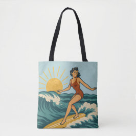 Retro kustnära pinup-illustration av surfare | Blå Tygkasse