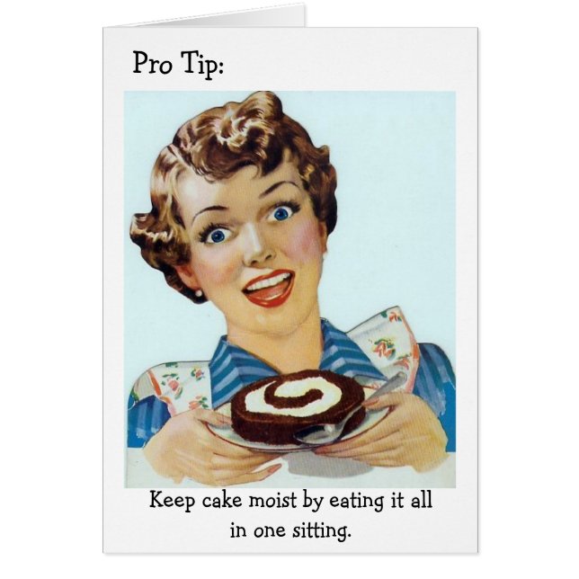 Retro kvinna - äta all din tårta, hälsningskort (Framsidan)