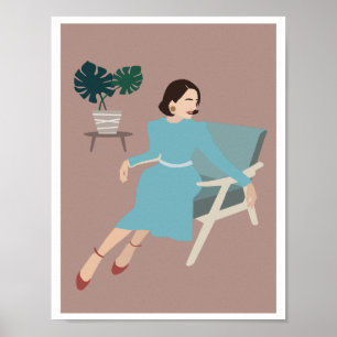 Retro Kvinna Blå Klänning Fåtölj Monstera Konst Poster