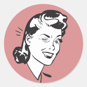 Retro kvinna blinkande illustration på rosa runt klistermärke