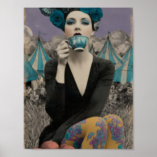 Retro Kvinna Dricker Te på Cirkus Poster