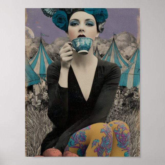 Retro Kvinna Dricker Te på Cirkus Poster (Framsidan)