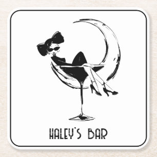 Retro Kvinna i Martini Glas Bar Underlägg Papper Kvadrat