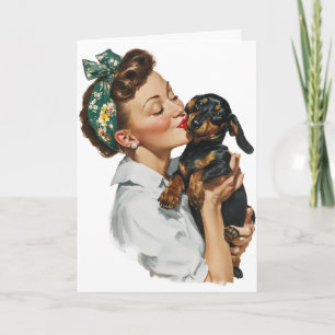 Retro kvinna kysser söt dachshund kort