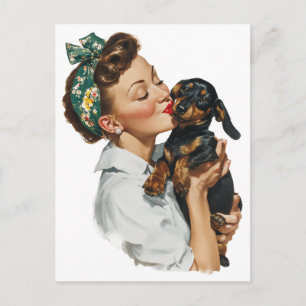 Retro kvinna kysser söt dachshund vykort
