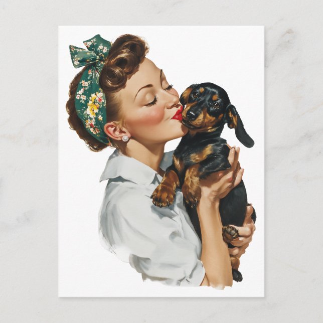 Retro kvinna kysser söt dachshund vykort (Framsida)