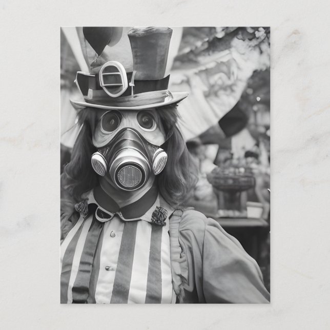 Retro kvinna med gasmask på en karneval vykort (Framsida)