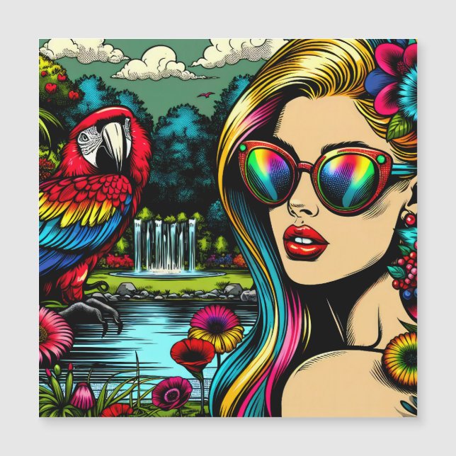 Retro Kvinna och Papegoja i Parken Pop Art  (Framsida)