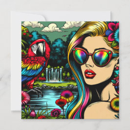 Retro kvinna och papegoja i Parken Pop Art Kort