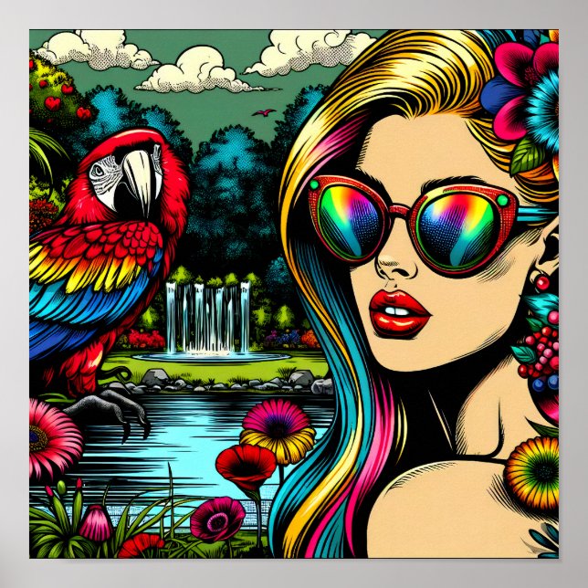 Retro kvinna och papegoja i Parken Pop Art  Poster (Framsidan)