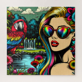 Retro kvinna och papegoja i Parken Pop Art Pussel