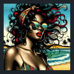 Retro Kvinna på Strand Comic Style Pop Art Poster<br><div class="desc">Vacker retro afroamerikansk kvinna i bikini som sitter på stranden med solglasögon i vintagefärger i en pop art-seriestil.</div>