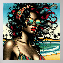 Retro Kvinna på Strand Comic Style Pop Art Poster