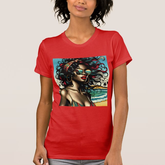Retro Kvinna på Strand Comic Style Pop Art T Shirt (Framsida)