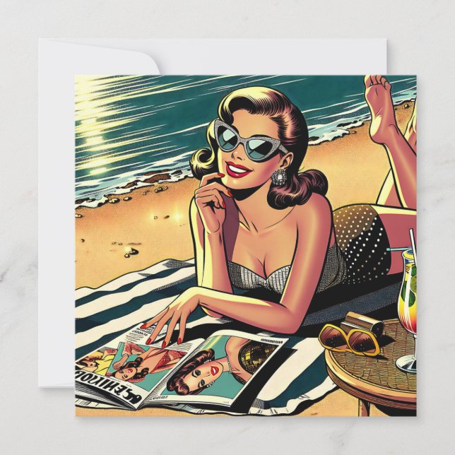 Retro kvinna på stranden läser en modetidning kort (Framsida)