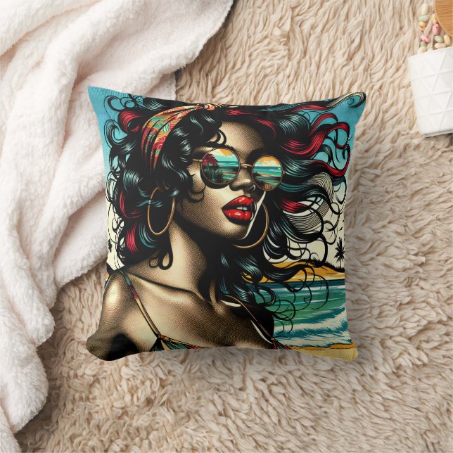 Retro kvinna på stranden serie stil Pop Art Kudde (Filt)