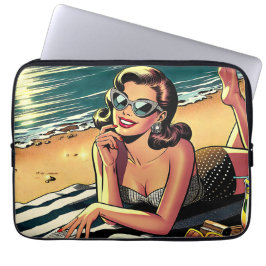Retro kvinna på stranden som läser en modetidning laptop fodral