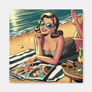 Retro kvinna på stranden som läser en modetidning magnet